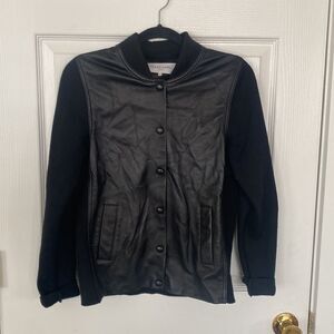 Gerard Darel Paris Black Lamb Leather Wool Blend Knit Button Front Jacket Sz 36